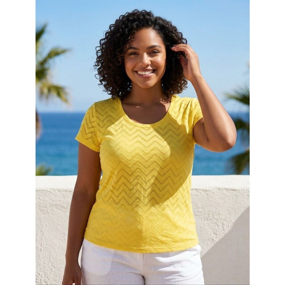 Just Be Bright Lemon Yellow V-Neck Tee 3X Plus Soft Knit Chevron Top Vibrant